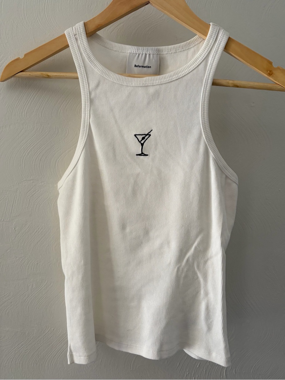 Reformation White Ribbed Tank Top with Black Logo